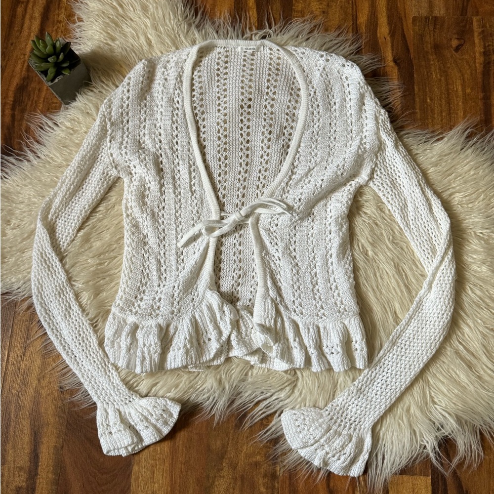 Tularosa Revolve Crochet Knit Tie Front Cardigan Sweater White